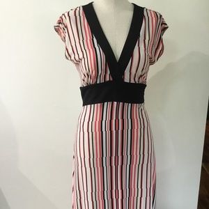 Max and Cleo Midi Dress SZ S Coral, Peach, Black, Lt Cream pattern